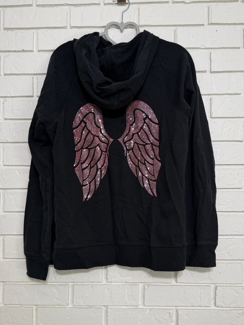 Vintage Y2K Victoria’s Secret Sequin Angel Wings Zip Hoodie Black L